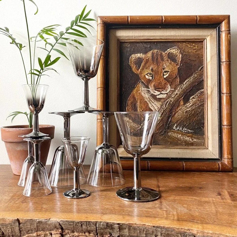 Mid Century Modern Stemware, Cocktail Glass Set Silver Ombre Lusterware